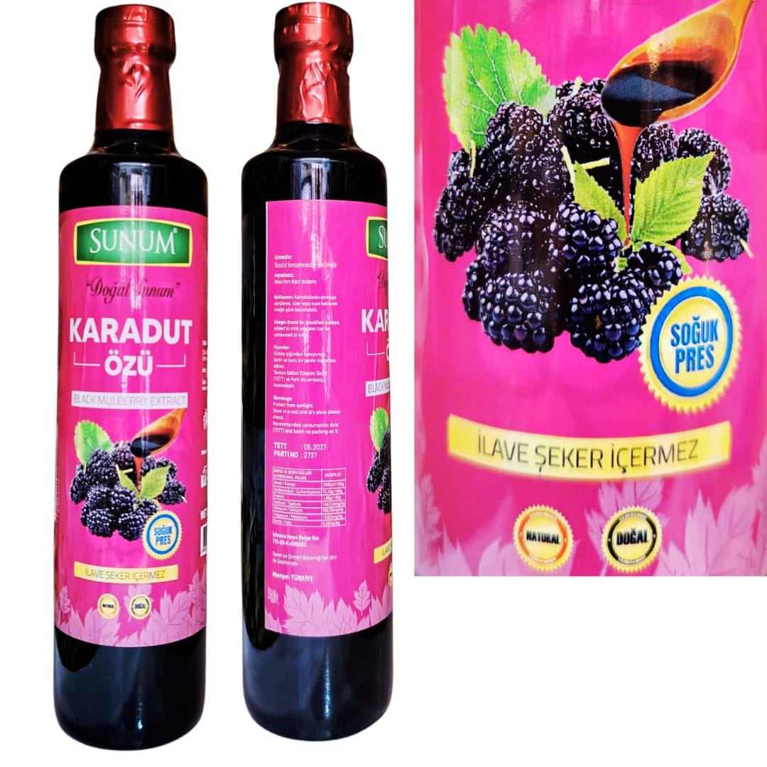 Sunum Saf ve Katkısız Doğal Karadut Özü Özel Cam Şişe Net 700 Gr.